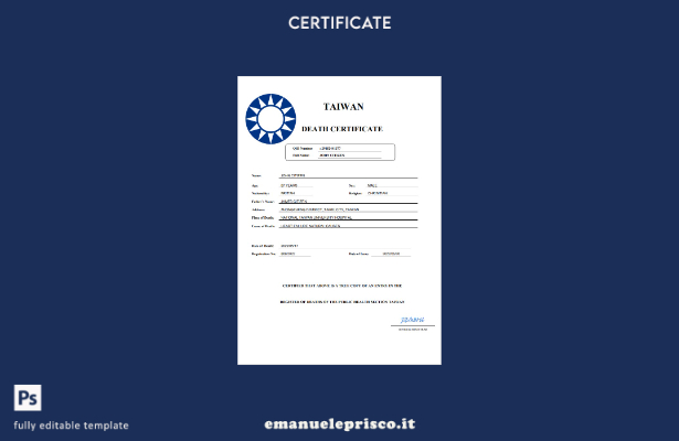Modello Word e PDF del certificato di morte di Taiwan in stile verificato